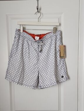 Islandhaze White & Navy Geometric Hybrid Shorts with Orange Liner